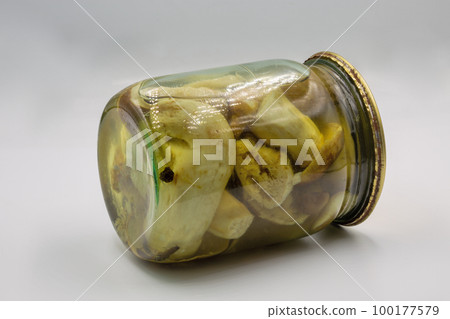 Jar of homemade marinated porcini mushrooms closeup Jar of homemade marinated porcini mushrooms closeup 100177579