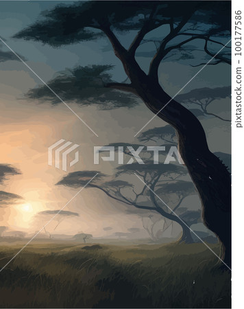 Wild savanna landscape. Savannah, African wilderness with acacia trees, grass, sand and water. Africa landscape panorama. Kenya National Park, vertical poster. Flat vector illustration Wild savanna landscape. Savannah, African wilderness with acacia trees, grass, sand and water. Africa landscape panorama. Kenya National Park, vertical poster. Flat vector illustration 100177586