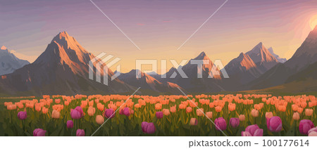 A field of tulips against the backdrop of mountains. Spring banner vector illustration. huge field of colorful tulips. Behind the field is a mountain range. Sunset. clouds of orange 100177614