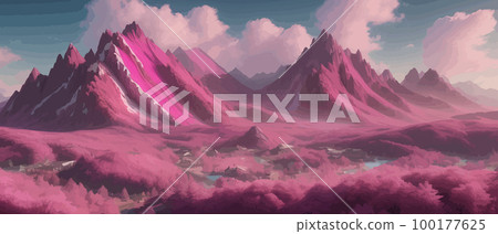 Beautiful pink mountain landscape, peaceful nature, background, banner, poster, set vector illustration, Scandinavian style landscapes, majestic nature background abstract modern landscape posters 100177625