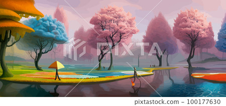 Surreal landscape with abstract colorful multicolored trees and clouds, melting islands near the ground. Vector illustration, dreamy surreal fantasy landscape, vegetation lush flowers, pastel colors 100177630