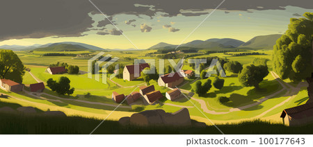 Morning in a village house on a hill and lush grass. Cartoon picture of rural scene in spring or summer, Rural landscapes - agricultural fields, green hills in spring vector Illustration Morning in a village house on a hill and lush grass. Cartoon picture of rural scene in spring or summer, Rural landscapes - agricultural fields, green hills in spring vector Illustration 100177643