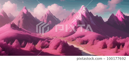 Beautiful pink mountain landscape, peaceful nature, background, banner, poster, set vector illustration, Scandinavian style landscapes, majestic nature background abstract modern landscape posters 100177692
