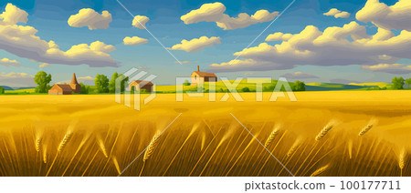 Large wheat thorns on a field on a beautiful nature and landscape in the sun. Extended rich harvest. Areas of agricultural production. Healthy food. Summer season and warm banner vector illustration 100177711