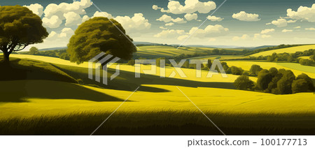 Green field, tree and blue sky. Gorgeous as background, web banner. Spring landscape in the countryside with a green meadow on the hills with blue sky, vector summer or spring landscape, panoramic Green field, tree and blue sky. Gorgeous as background, web banner. Spring landscape in the countryside with a green meadow on the hills with blue sky, vector summer or spring landscape, panoramic 100177713
