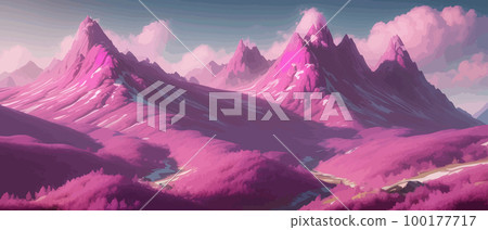Beautiful pink mountain landscape, peaceful nature, background, banner, poster, set vector illustration, Scandinavian style landscapes, majestic nature background abstract modern landscape posters 100177717