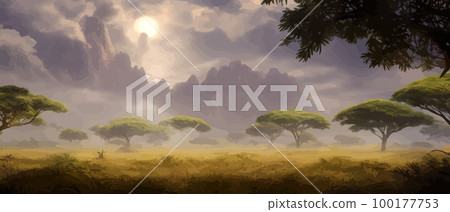 African savanna. Grass, acacia trees and river. Realistic vector landscape. African nature. Reserves and national parks. Banner vector illustration. Savanna landscape background 100177753