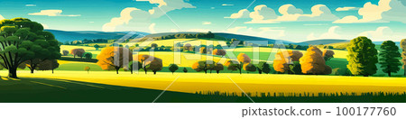 Spring green fields landscape with mountain and trees, blue sky cloud, panorama of peaceful rural nature in spring with green grassy ground. Cartoon vector illustration for spring and summer banner Spring green fields landscape with mountain and trees, blue sky cloud, panorama of peaceful rural nature in spring with green grassy ground. Cartoon vector illustration for spring and summer banner 100177760
