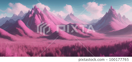 Beautiful pink mountain landscape, peaceful nature, background, banner, poster, set vector illustration, Scandinavian style landscapes, majestic nature background abstract modern landscape posters 100177765