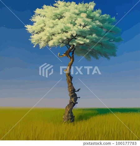 blooming pink sakura in the meadow vector illustration. Japanese cherry trees on a green meadow, Spring landscape with a single blooming cherry tree sakura 100177783