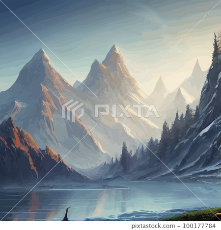Mountain landscape. Mountain landscape. Vector illustration. Abstract background. Fantasy theme morning landscape, sunrise mountains. landscape with blue mountains silhouettes with fog cold sunlight 100177784