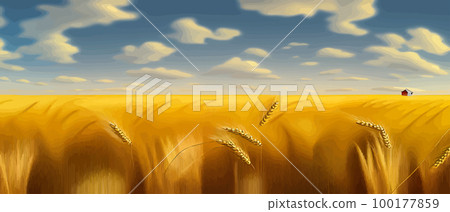Large wheat thorns on a field on a beautiful nature and landscape in the sun. Extended rich harvest. Areas of agricultural production. Healthy food. Summer season and warm banner vector illustration Large wheat thorns on a field on a beautiful nature and landscape in the sun. Extended rich harvest. Areas of agricultural production. Healthy food. Summer season and warm banner vector illustration 100177859