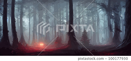misty forest. Dark tree silhouette. Tree tricks in the blue mist. Fog in the night forest vector illustration banner. Spooky forest with full moon and floor. Without leaves and branches of autumn. 100177930