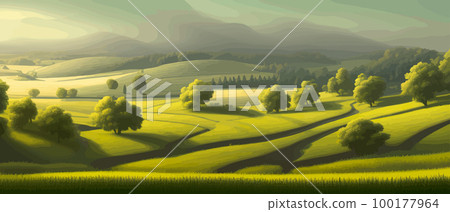 Vector illustration of beautiful summer fields Landscape with sunrise and single trees, green hill, bright blue sky, background in flat cartoon style banner. Vector illustration of beautiful summer fields Landscape with sunrise and single trees, green hill, bright blue sky, background in flat cartoon style banner. 100177964