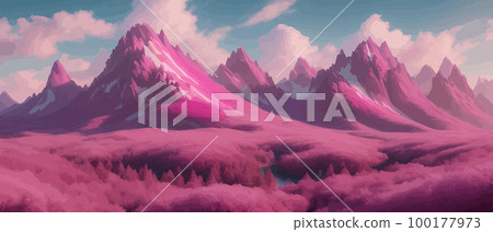 Beautiful pink mountain landscape, peaceful nature, background, banner, poster, set vector illustration, Scandinavian style landscapes, majestic nature background abstract modern landscape posters 100177973