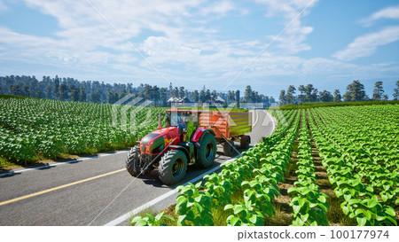 Tractor working in agricultural plots. 3d render 100177974
