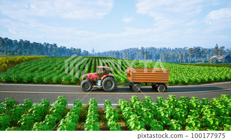 Tractor working in agricultural plots. 3d render 100177975