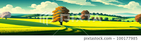 Spring green fields landscape with mountain and trees, blue sky cloud, panorama of peaceful rural nature in spring with green grassy ground. Cartoon vector illustration for spring and summer banner Spring green fields landscape with mountain and trees, blue sky cloud, panorama of peaceful rural nature in spring with green grassy ground. Cartoon vector illustration for spring and summer banner 100177985