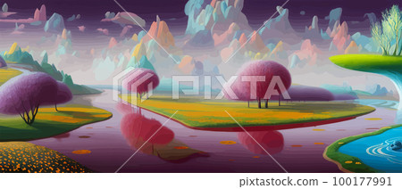 Surreal landscape with abstract colorful multicolored trees and clouds, melting islands near the ground. Vector illustration, dreamy surreal fantasy landscape, vegetation lush flowers, pastel colors 100177991