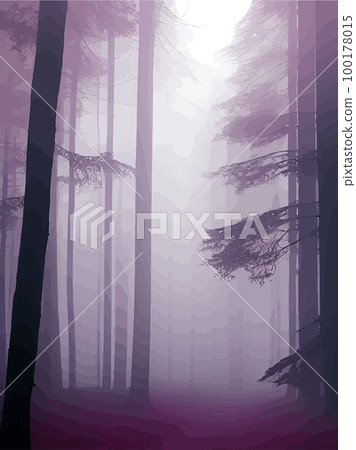 Spooky forest with full moon and floor. Without leaves and branches autumn. Design Halloween season. Vector illustration vertical poster. Horror wood, trees, night, fog, strange, terrible, terrible 100178015