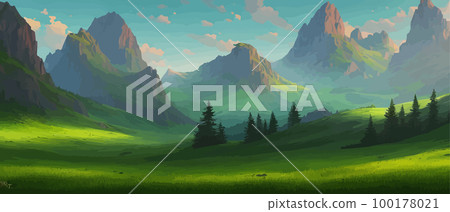 Panoramic view of big mountains, beautiful green meadows. Flat cartoon landscape with nature. Summer or spring landscape. Travel posters. Natural park or forest outdoor background with mountains 100178021