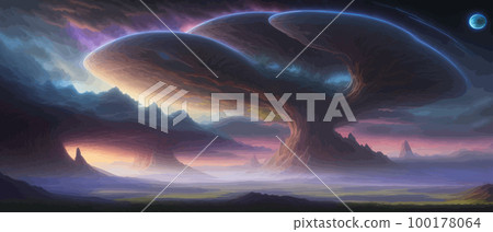 Surreal landscape with a tree and moons in the background. Giant floating. Abstract fantastic landscape. Transition to another world. Astrology Astronomy Earth Outer Space Solar System 100178064
