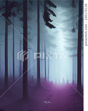 Spooky forest with full moon and floor. Without leaves and branches autumn. Design Halloween season. Vector illustration vertical poster. Horror wood, trees, night, fog, strange, terrible, terrible 100178136
