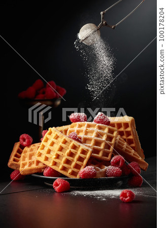 Belgian waffles with raspberries sprinkled with powdered sugar. Belgian waffles with raspberries sprinkled with powdered sugar. 100178204