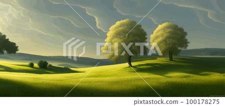 Vector illustration of beautiful summer fields Landscape with sunrise and single trees, green hill, bright blue sky, background in flat cartoon style banner. Vector illustration of beautiful summer fields Landscape with sunrise and single trees, green hill, bright blue sky, background in flat cartoon style banner. 100178275