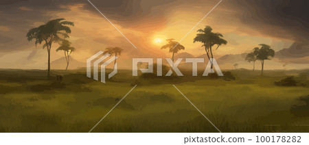 African savanna. Grass, acacia trees and river. Realistic vector landscape. African nature. Reserves and national parks. Banner vector illustration. Savanna landscape background 100178282