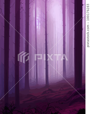 Spooky forest with full moon and floor. Without leaves and branches autumn. Design Halloween season. Vector illustration vertical poster. Horror wood, trees, night, fog, strange, terrible, terrible 100178283