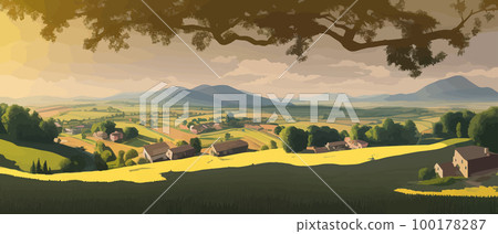 Morning in a village house on a hill and lush grass. Cartoon picture of rural scene in spring or summer, Rural landscapes - agricultural fields, green hills in spring vector Illustration 100178287