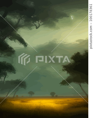 Wild savanna landscape. Savannah, African wilderness with acacia trees, grass, sand and water. Africa landscape panorama. Kenya National Park, vertical poster. Flat vector illustration 100178361