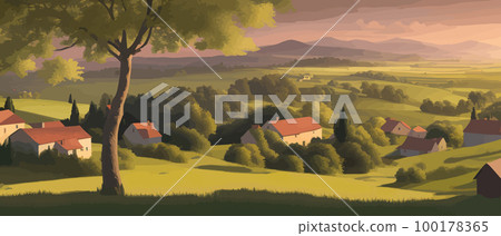 Morning in a village house on a hill and lush grass. Cartoon picture of rural scene in spring or summer, Rural landscapes - agricultural fields, green hills in spring vector Illustration Morning in a village house on a hill and lush grass. Cartoon picture of rural scene in spring or summer, Rural landscapes - agricultural fields, green hills in spring vector Illustration 100178365