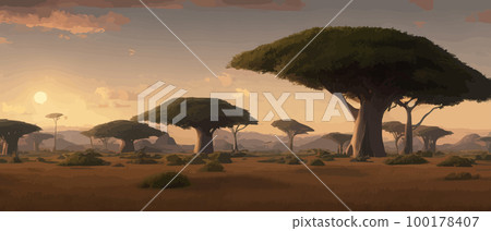 African trees. Hand drawn vector illustration Acacia nature, southern trees savannah greeting card, postcard, template. Grass, bushes, acacia trees mountains. African nature. Reserves national parks African trees. Hand drawn vector illustration Acacia nature, southern trees savannah greeting card, postcard, template. Grass, bushes, acacia trees mountains. African nature. Reserves national parks 100178407