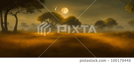 African acacia row against twilight sky. Vector illustration banner landscape. Silhouette of packs in the high rise desert. African perspective in the evening with copy space. African acacia row against twilight sky. Vector illustration banner landscape. Silhouette of packs in the high rise desert. African perspective in the evening with copy space. 100178448
