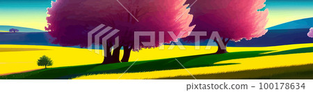 Spring green fields landscape with mountain and trees, blue sky cloud, panorama of peaceful rural nature in spring with green grassy ground. Cartoon vector illustration for spring and summer banner Spring green fields landscape with mountain and trees, blue sky cloud, panorama of peaceful rural nature in spring with green grassy ground. Cartoon vector illustration for spring and summer banner 100178634