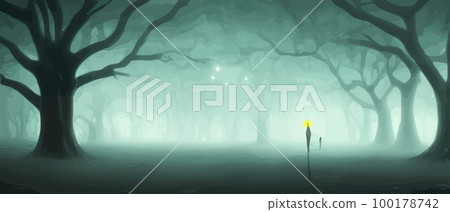 Fantasy forest path with fog and dry trees and branches, vector illustration banner. Mysterious forest background, Horrible hooded figure concept Fantasy forest path with fog and dry trees and branches, vector illustration banner. Mysterious forest background, Horrible hooded figure concept 100178742