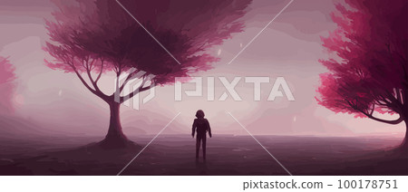 Fantasy forest path with fog and dry trees and branches, vector illustration banner. Mysterious forest background, Horrible hooded figure concept Fantasy forest path with fog and dry trees and branches, vector illustration banner. Mysterious forest background, Horrible hooded figure concept 100178751