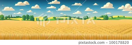 ears of wheat. Farm field. For package. Barley illustration in vintage style. Wheat grain. Summer landscape with a field of ripe wheat, hills and lobes in the background. Raster illustration. ears of wheat. Farm field. For package. Barley illustration in vintage style. Wheat grain. Summer landscape with a field of ripe wheat, hills and lobes in the background. Raster illustration. 100178820