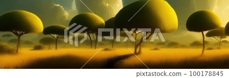 wild savanna landscape banner. Savannah, African wildlife with acacia trees, grass, sand. Africa landscape, African acacia tree 100178845
