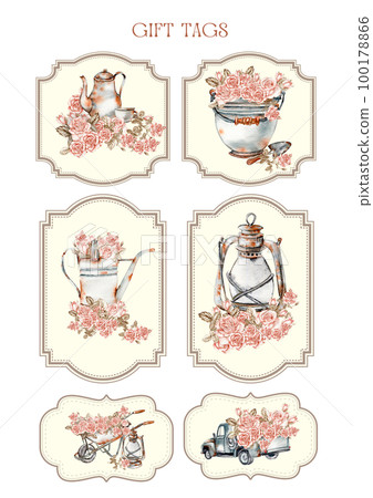 Set of happy birthday gift tags with spring compositions. Hand drawn watercolor illustration isolated on white background. Designf for baby shower party, birthday, cake, holiday celebration design . Set of happy birthday gift tags with spring compositions. Hand drawn watercolor illustration isolated on white background. Designf for baby shower party, birthday, cake, holiday celebration design . 100178866