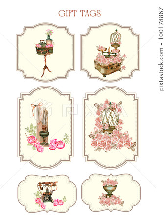 Set of happy birthday gift tags with spring compositions. Hand drawn watercolor illustration isolated on white background.   Designf for baby shower party, birthday, cake, holiday celebration design . 100178867