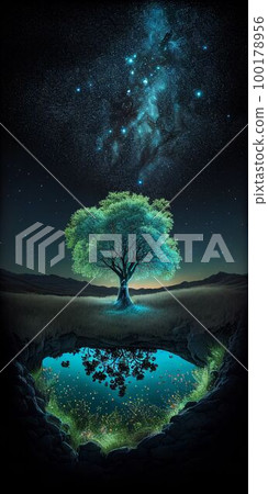 Big tree glowing colorful from night sky and star background Created with Generative AI technology. Big tree glowing colorful from night sky and star background Created with Generative AI technology. 100178956