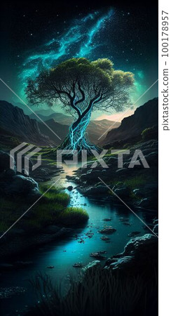 Big tree glowing colorful from night sky and star background Created with Generative AI technology. 100178957