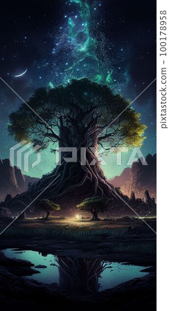 Big tree glowing colorful from night sky and star background Created with Generative AI technology. Big tree glowing colorful from night sky and star background Created with Generative AI technology. 100178958