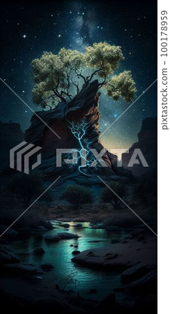 Big tree glowing colorful from night sky and star background Created with Generative AI technology. 100178959