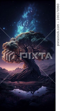 Big tree glowing colorful from night sky and star background Created with Generative AI technology. Big tree glowing colorful from night sky and star background Created with Generative AI technology. 100178960