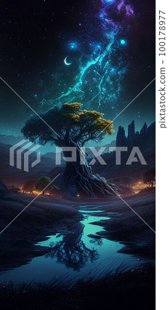 Big tree glowing colorful from night sky and star background Created with Generative AI technology. Big tree glowing colorful from night sky and star background Created with Generative AI technology. 100178977