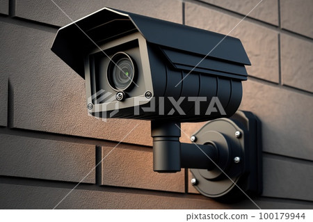 CCTV surveillance security camera equipment in a tower home and house building mounted on a wall for outside safety system 100179944